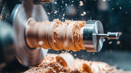 Experience the intricate process of wood turning as a skilled artisan operates a wood lathe, creating beautiful shapes with flying shavings and precise motions.の素材