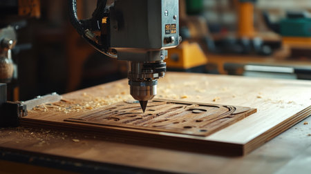 A CNC machine operates on a wooden surface, showcasing intricate designs and wood shavings. The workshop environment highlights technical precision and artistry in woodworking.の素材
