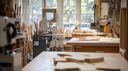 A bright woodworking workshop showcases intricate machinery and tools. Natural light floods the space, illuminating workbenches and wooden materials perfect for crafting.の素材