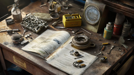 A nostalgic vintage workshop scene featuring scattered tools, an open manual, and a dusty workbench, reflecting dedication and creativity in craftsmanship.の素材