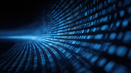 An abstract image depicting a flowing wave of binary code in vibrant blue tones, symbolizing the interconnectedness of technology and digital communication.の素材