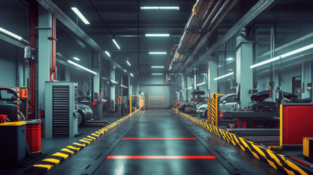 This image features a modern automotive repair shop interior, showcasing equipment and tools in a clean and organized environment, perfect for service imagery.の素材