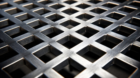 A close-up view of a metallic grate featuring intricate geometric patterns, ideal for use in industrial designs, architecture backgrounds, or texture references.の素材