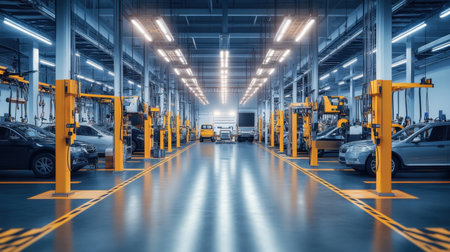 A spacious and modern automotive workshop showcasing vehicle lifts, diagnostic machines, and excellent lighting. Ideal for various automotive services and repairs.の素材