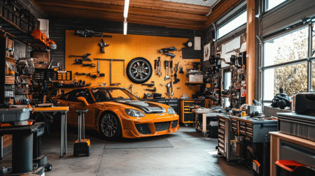A stunning orange sports car parked in a vibrant workshop filled with tools and equipment, showcasing the perfect blend of functionality and creativity in automotive repair.の素材