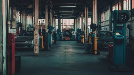 A captivating scene of an abandoned auto repair shop showcasing old vehicles and vintage equipment, washed in natural light. The atmosphere evokes nostalgia and stillness.の素材