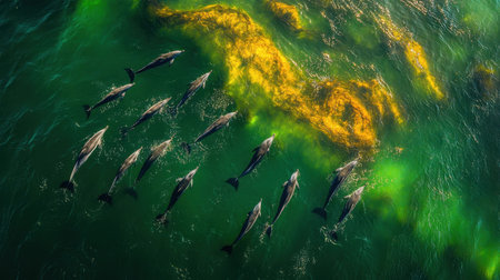 A breathtaking aerial view captures a pod of dolphins gliding through crystal clear waters, showcasing their playful nature above a vibrant coral reef.の素材