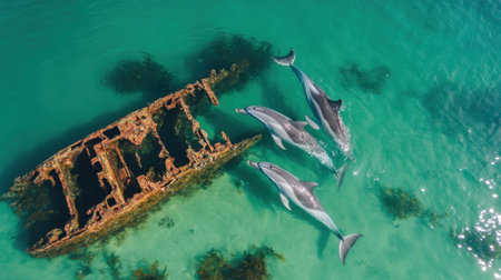 A breathtaking scene of dolphins gracefully swimming near a rusted shipwreck in vibrant turquoise waters. The marine environment highlights the beauty of nature.の素材