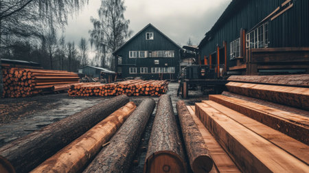 A captivating view of timber logs stacked at a sawmill surrounded by rustic buildings, with a cloudy sky above, showcasing the beauty of industrial forestry work.の素材
