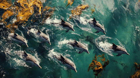 Explore the beauty of dolphins in their natural environment as they swim through clear waters, showcasing their playful behavior among seaweed and stunning aquatic colors.の素材