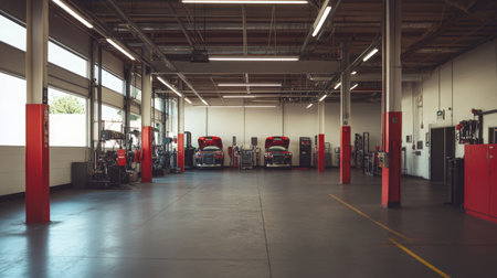 A spacious automotive workshop featuring bright red equipment and abundant natural light, creating a professional atmosphere for vehicle repairs and maintenance tasks.の素材