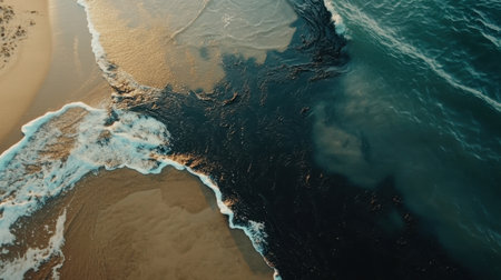 This captivating aerial photograph displays the beautiful merging of waves and sand along a pristine shoreline, showcasing stunning natural textures in tranquil colors.の素材