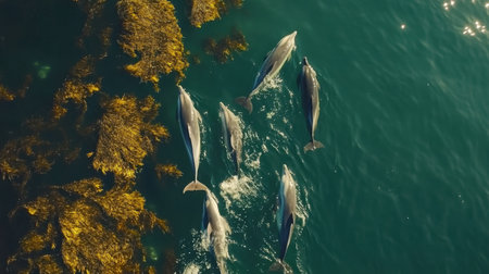 This stunning aerial image captures dolphins swimming elegantly near a rocky shoreline, framed by vibrant seaweed and crystal blue waters, showcasing natural beauty.の素材
