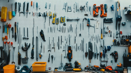 A well-organized tool wall featuring various instruments and accessories, perfect for DIY projects, maintenance tasks, or home improvement endeavors.の素材