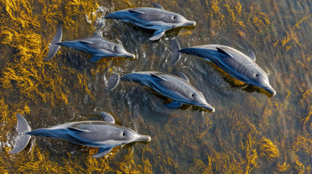 A mesmerizing aerial view of dolphins swimming in clear ocean water above lush underwater vegetation, showcasing their playful nature and vibrant environment.の素材
