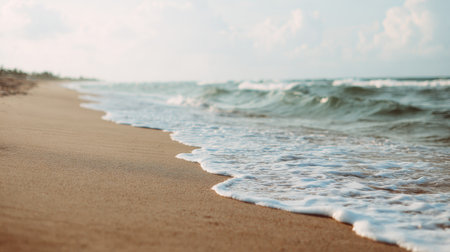 Enjoy a calming beach scene where gentle waves meet soft sand, creating a relaxing atmosphere ideal for vacations, outdoor activities, or personal reflection.の素材
