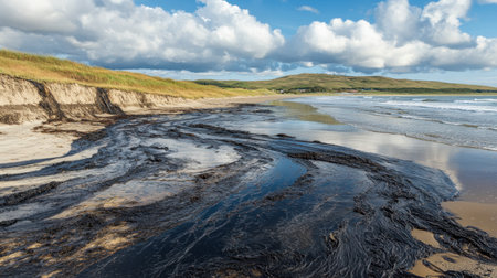A picturesque coastal scene showcasing dark seaweed along the beach, gentle ocean waves lapping against the shore, and a picturesque sky filled with clouds, perfect for nature lovers.の素材