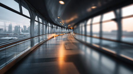 A sleek and modern pedestrian walkway features bright lights and glass elements, offering a stunning view of the cityscape. The serene atmosphere invites exploration.の素材