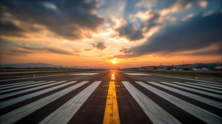 Captivating view of an airport runway at sunset, showcasing vibrant colors and dramatic skies. Imagine the journey ahead as the sun sets over the horizon.の素材