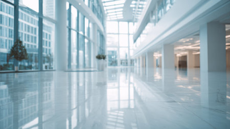 This modern office interior features expansive glass windows and polished marble floors, creating an inviting atmosphere perfect for corporate meetings and events.の素材