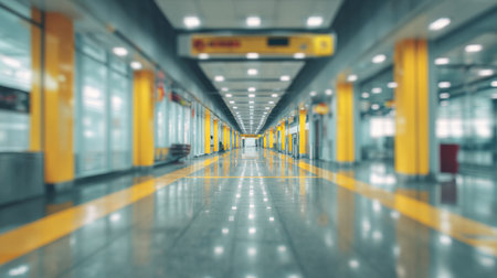 A striking corridor featuring yellow accents and glossy flooring, showcasing a modern urban interior. The spacious design evokes a sense of tranquility and elegance.の素材