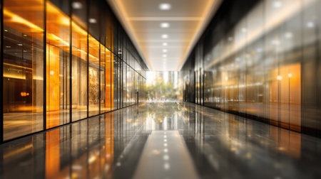 This stunning image showcases a modern architectural corridor featuring glass walls, reflective floors, and an inviting atmosphere ideal for business and design themes.の素材