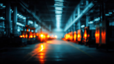 A blurred view of an industrial warehouse, showcasing warm lights and elongated shadows, creating an atmospheric and mysterious ambiance in a spacious manufacturing environment.の素材