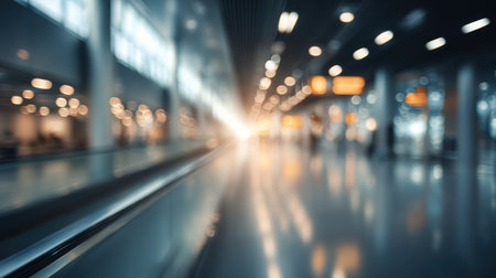 This dynamic image captures the vibrant atmosphere of a modern airport terminal, showcasing blurred motion and bright, natural light reflecting off the polished floors.の素材