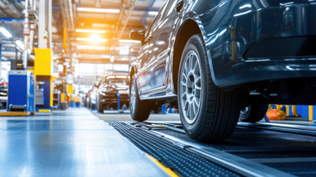 A glimpse into a state-of-the-art automotive manufacturing facility featuring a modern black car on an assembly line, highlighting the innovative production process.の素材