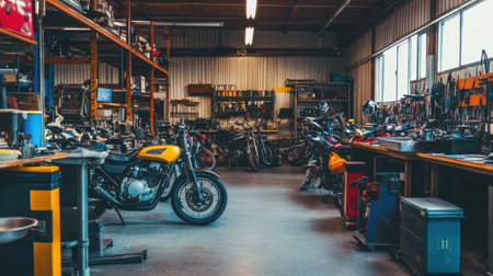A well-equipped motorcycle workshop featuring vintage bikes, tools, and vibrant shelves, showcasing a perfect environment for mechanics and enthusiasts alike.の素材