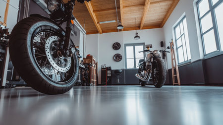 A modern motorcycle garage showcases stylish bikes against a contemporary backdrop with a polished floor and wooden ceiling, emphasizing artistry and design in vehicular spaces.の素材