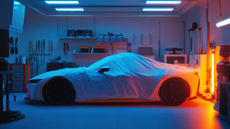 A sleek sports car covered in white cloth rests in a modern garage with vibrant neon lighting and well-organized tools, creating a mysterious and inviting atmosphere.の素材