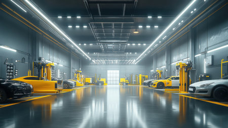 Explore a state-of-the-art automotive workshop featuring advanced tools and bright lighting, ideal for vehicle maintenance and repair in a clean, organized environment.の素材