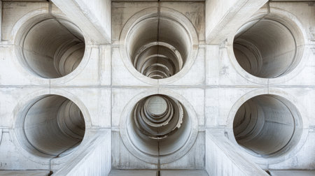 Detailed view of a unique concrete structure with circular openings. The symmetry and patterns create an intriguing blend of architecture and industrial design.の素材