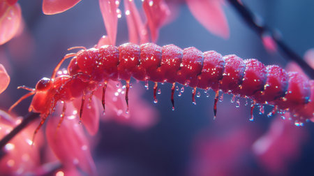 Discover the intricate beauty of a colorful insect resting on pink petals, adorned with delicate dew drops, showcasing nature's artistry in stunning detail.の素材