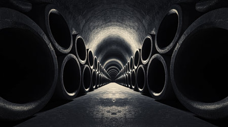 A striking image of a dark industrial tunnel featuring circular pipes that create an intriguing perspective. The combination of light and shadows forms a captivating atmosphere.の素材
