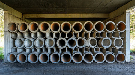 This image showcases a neatly arranged stack of concrete pipes under a bridge, emphasizing modern industrial design and the importance of reliable infrastructure in urban settings.の素材