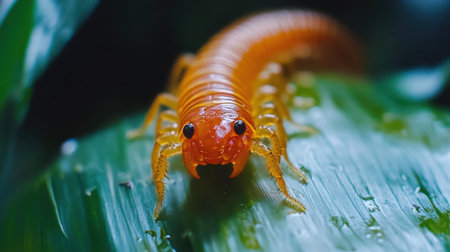 A vivid orange insect rests on a green leaf, highlighting the intricate details of its texture and coloration, capturing the essence of tropical wildlife and nature.の素材