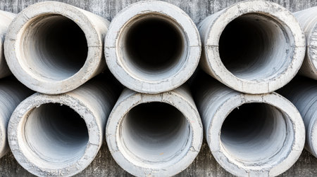 This image features a close-up view of neatly stacked concrete pipes on a construction site. The details showcase the industrial material and textured surfaces.の素材