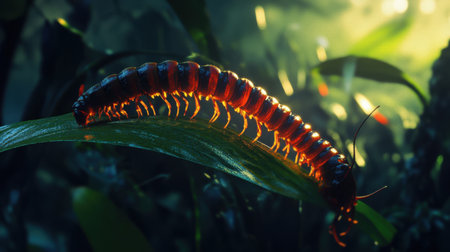 A stunning macro shot of a vibrant caterpillar on a green leaf in a rainforest, showcasing intricate details and soft sunlight that creates a serene atmosphere in nature.の素材