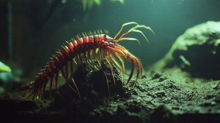 A striking image of a vibrant red marine creature exploring a rocky seafloor. Illuminated by soft green light, this underwater scene showcases unique biodiversity.の素材