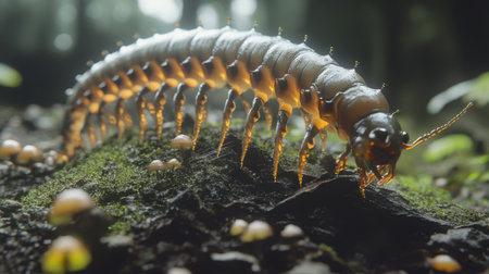 A striking close-up of a glowing caterpillar resting on vibrant moss surrounded by mushrooms, showcasing the beauty and complexity of forest life in high detail.の素材