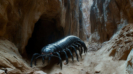 A giant centipede traverses a rugged canyon, where light filters through crevices and shadows create an eerie atmosphere, highlighting nature's uniqueness.の素材