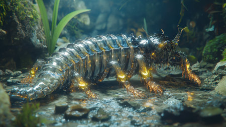 This captivating image showcases a shiny, insect-like creature exploring a vibrant aquatic habitat, surrounded by lush flora and illuminating reflections that enhance the surreal ambiance.の素材