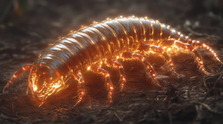 This captivating close-up image features a radiant insect crawling on the forest floor, showcasing its bioluminescent properties and intricate textures in a magical setting.の素材