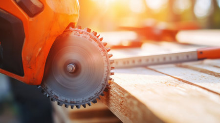 This image shows a close-up of a circular saw cutting wood planks in a bright workshop. Natural sunlight illuminates the scene, highlighting craftsmanship.の素材