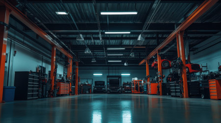 A spacious and modern auto repair workshop featuring bright orange accents and a well-organized interior, perfect for mechanic work and vehicle maintenance projects.の素材