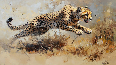 This stunning artwork captures a sleek cheetah leaping through a textured landscape, illustrating the beauty and speed of this iconic wild animal in motion.の素材