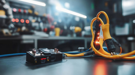 A close-up view of a power supply and an extension cord in a modern workshop, illuminated by bright lights. The setting includes various tools, emphasizing electrical work and connectivity.の素材