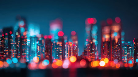 A vibrant urban skyline captured at night, featuring blurred lights that create an abstract effect. This colorful scene showcases modern city life with dazzling illumination.の素材